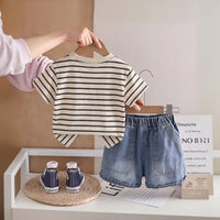 Boys Khaki Striped T-Shirt With Denim Shorts Sets Sets