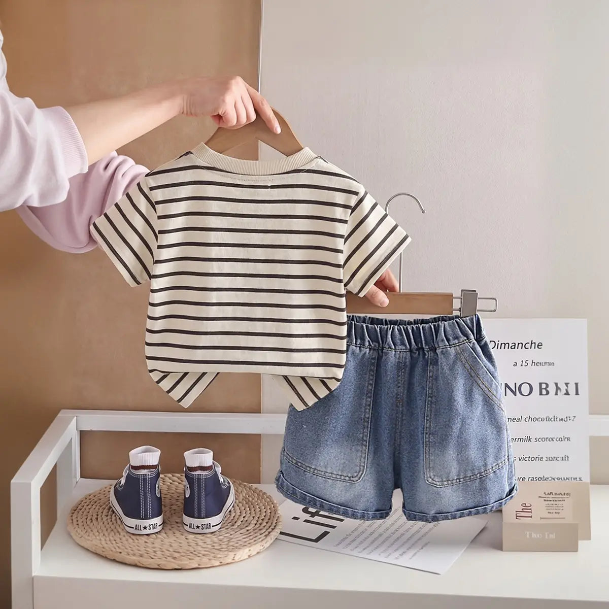 Boys Khaki Striped T-Shirt With Denim Shorts Sets Sets