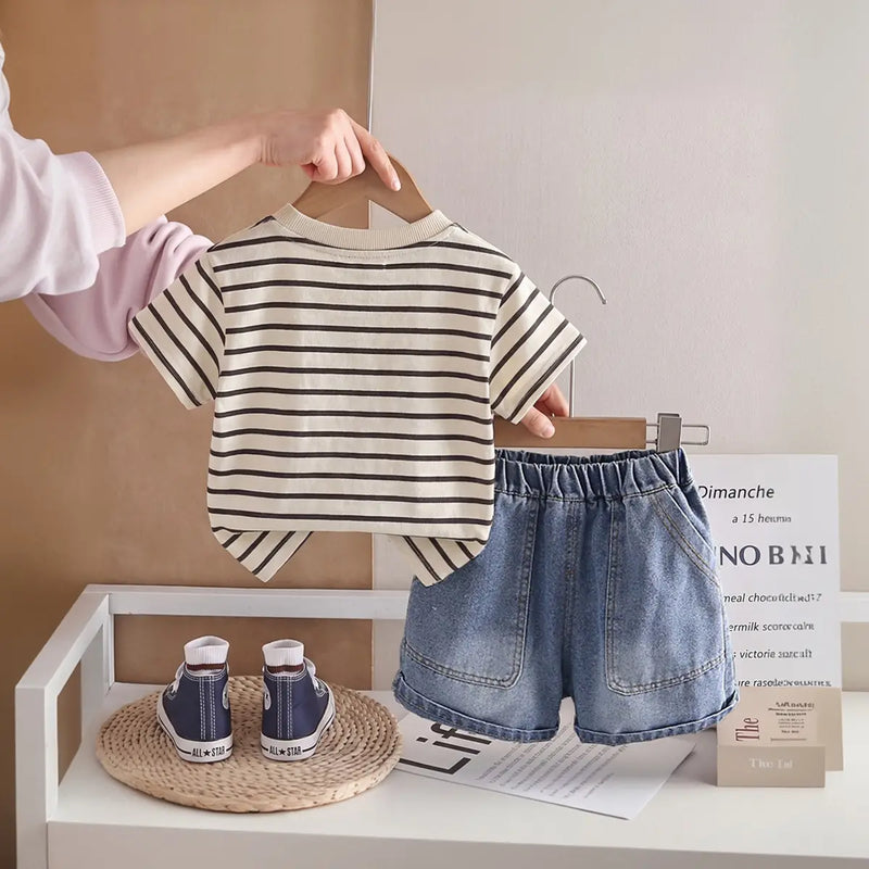 Boys Khaki Striped T-Shirt With Denim Shorts Sets Sets