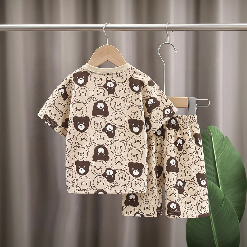 Boys Beige Short Sleeve Bear Print T-Shirt With Shorts Sets 2 pc. Sets