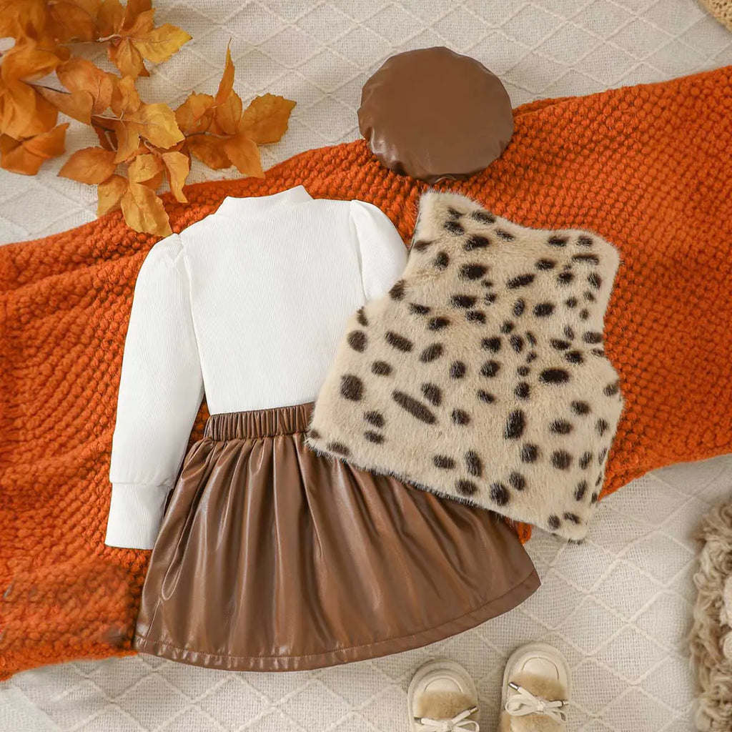 Girls Long Sleeve T-Shirt With Apricot Faux Fur Vest & Faux Leather Skirt & Hat Sets Sets