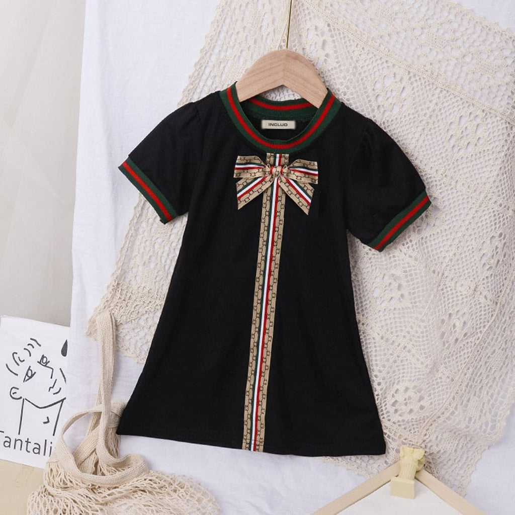 Girls Black Round Neck Short Sleeve A-Line Dress Casual Dresses Black 2-3 Y 