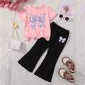 Girls Pink Graphics Bow Printed T-Shirt With Flared Pants Sets Sets Pink 3-4 Y