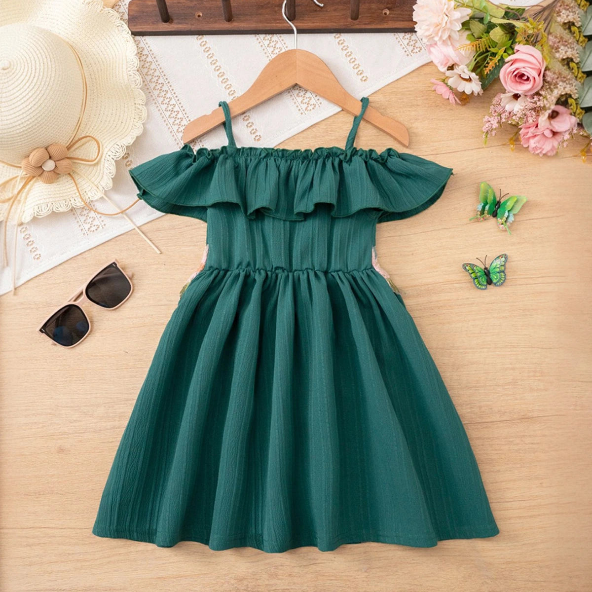 Girls Dark Green Off Shoulder Fit & Flare Dress With Embroidered Waistline Casual Dresses