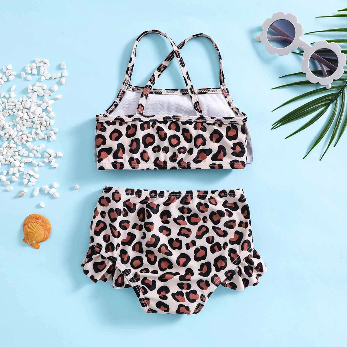 Girls Apricot Leopard Print Top With Briefs Swimwear Sets Sets