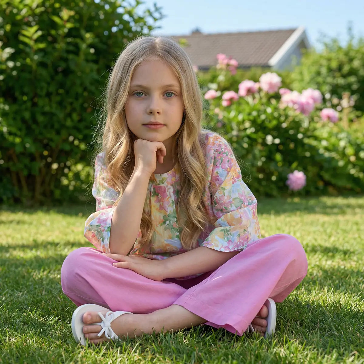 Girls Pink Floral Print Pleated Top With Wide-Leg Pants Set Sets