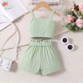 Girls Light Green Ruffle Sleeveless Crop Top With Shorts Sets 2 pc. Sets