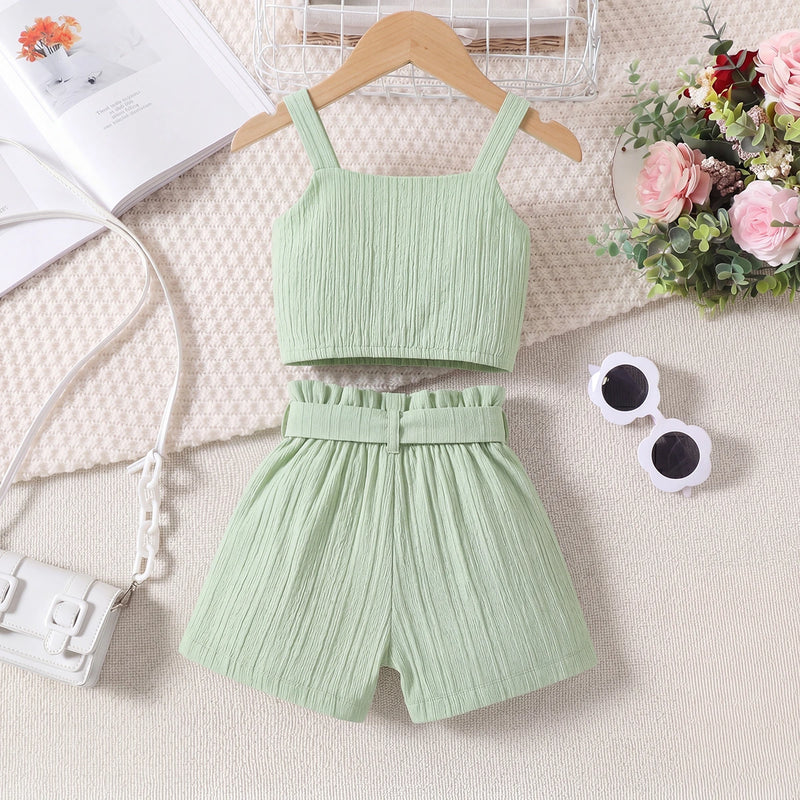Girls Light Green Ruffle Sleeveless Crop Top With Shorts Sets 2 pc. Sets