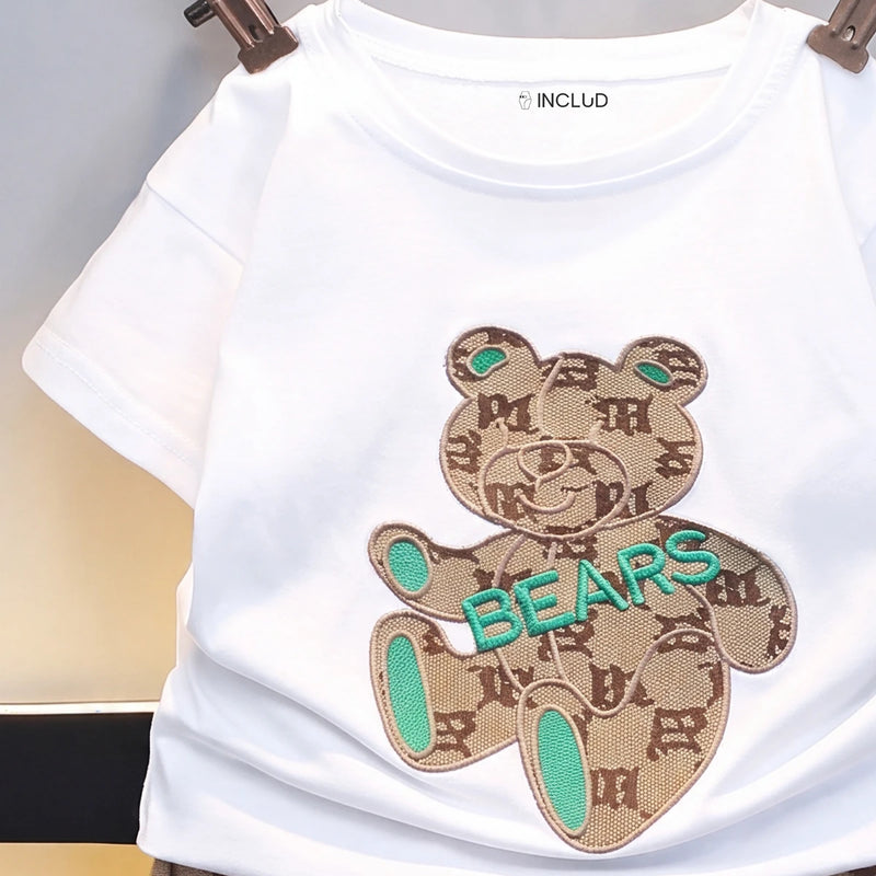 Boys White Short Sleeve Bear Applique T-Shirt With Shorts Sets 2 pc. Sets