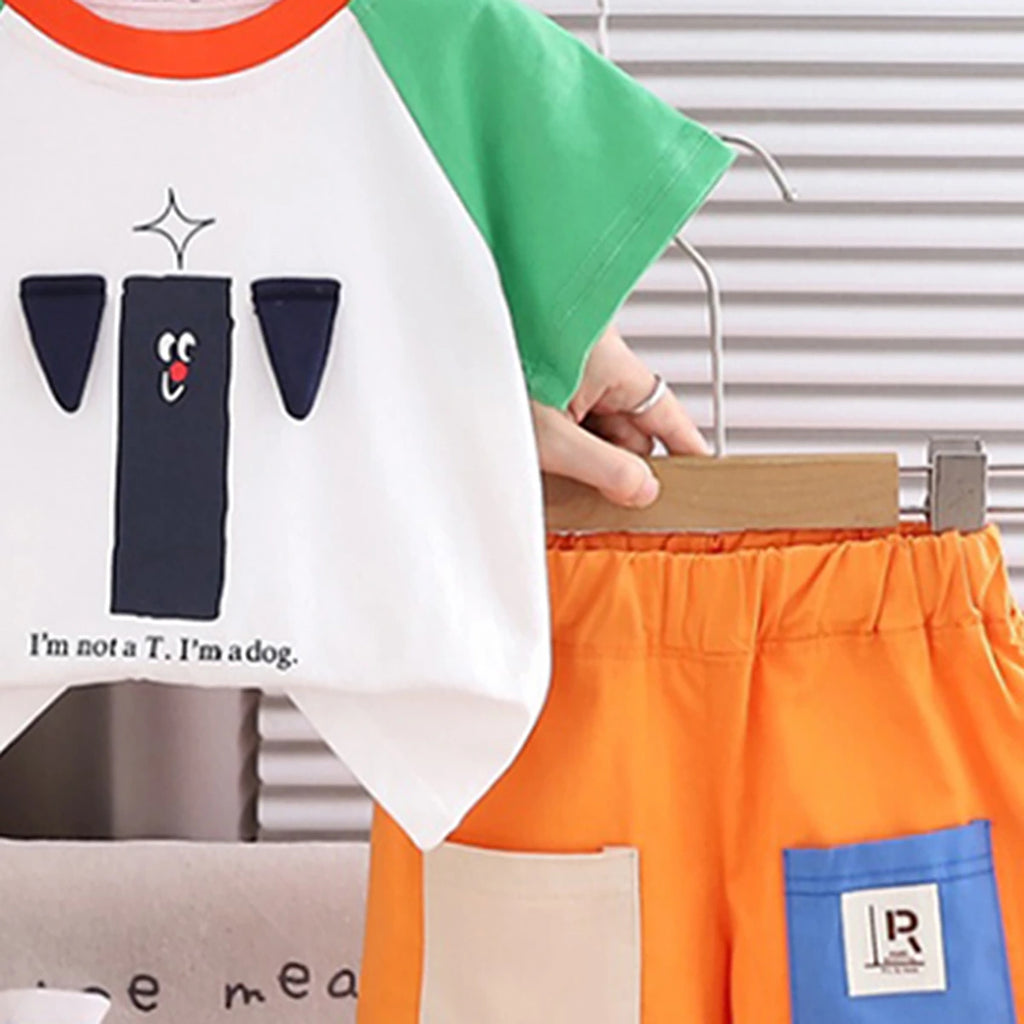 Boys Green Dog Applique Raglan Sleeve T-Shirt With Double Pockets Shorts Sets Sets