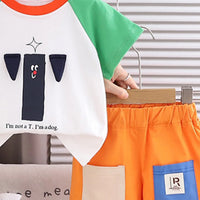 Boys Green Dog Applique Raglan Sleeve T-Shirt With Double Pockets Shorts Sets Sets