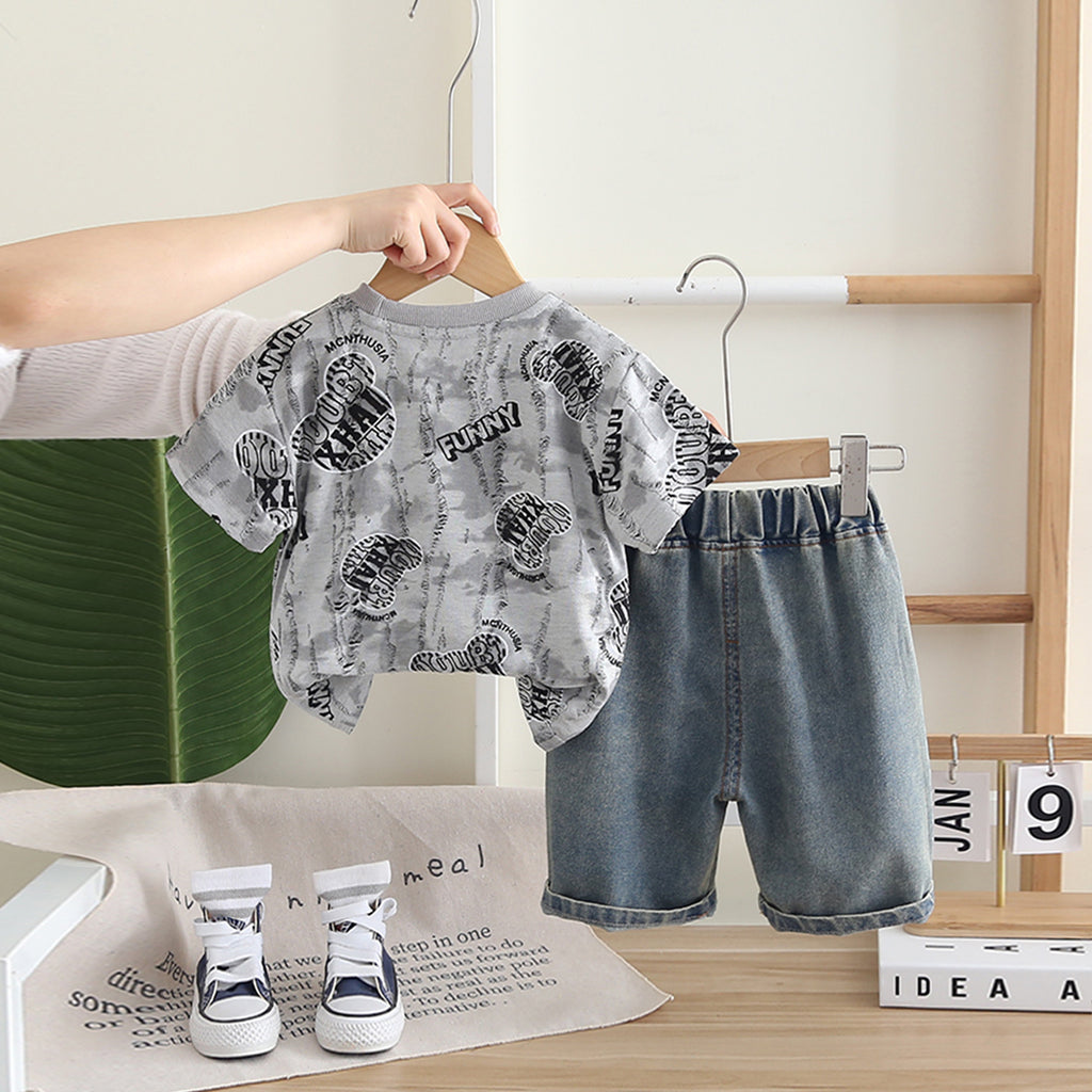 Boys Grey Graphic Printed Short Sleeves T-Shirt With Shorts Set 2 pc. Sets