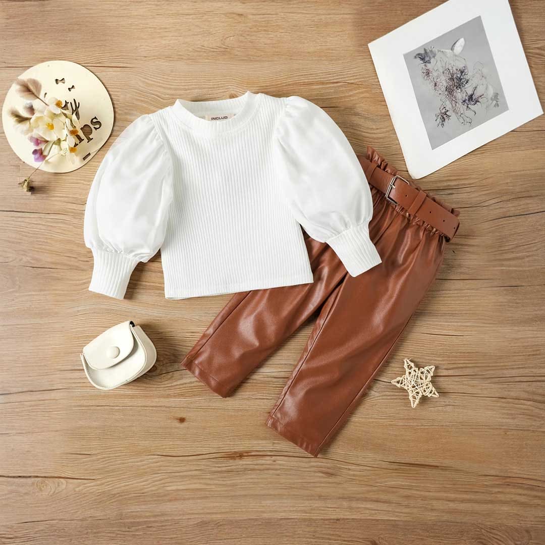 Girls Long Sleeve Top With PU Leather Pants Set 2 pc. Sets   