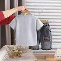 Boys Grey Typographic Print T-Shirt With Denim Shorts Sets Sets