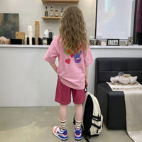 Girls Pink Typographic Print Short Sleeve T-Shirt With Elasticated Shorts Sets Sets