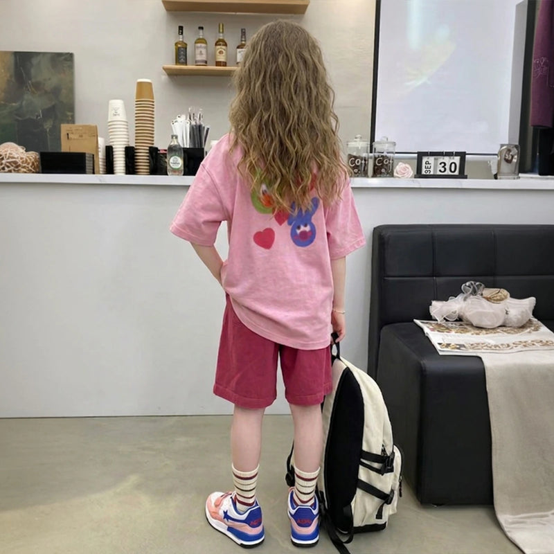 Girls Pink Typographic Print Short Sleeve T-Shirt With Elasticated Shorts Sets Sets