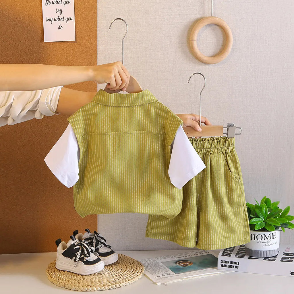 Boys Green Stripes Hal Ziper Polo T-Shirt With Shorts Sets Sets