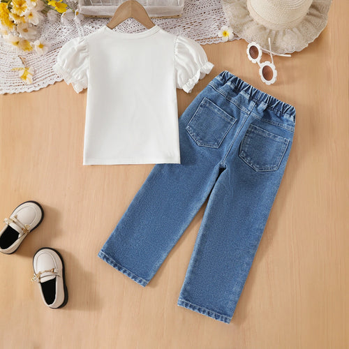 Girls White Graphics Top With Daisy Printed Denim Pants Set Sets