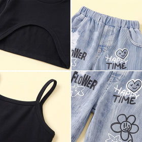 Girls Black Long Sleeve Crop Top With Cami Top And Denim Pants Sets 3 pc. Sets