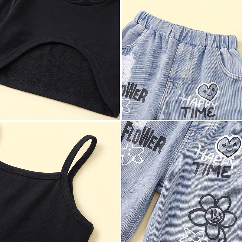 Girls Black Long Sleeve Crop Top With Cami Top And Denim Pants Sets 3 pc. Sets