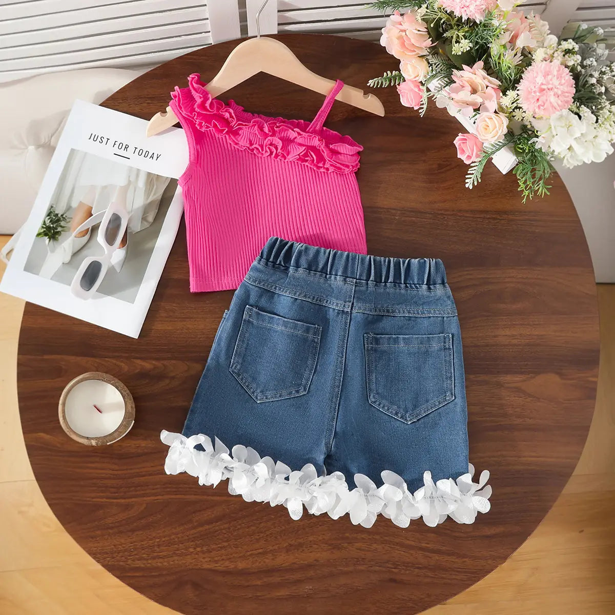 Girls Fuchsia One Shoulder Ruffled Top With DIstressed Denim Shorts Sets