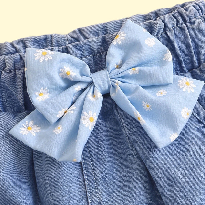 Girls Blue Floral Embroidered Relaxed Fit Denim Pants Pants