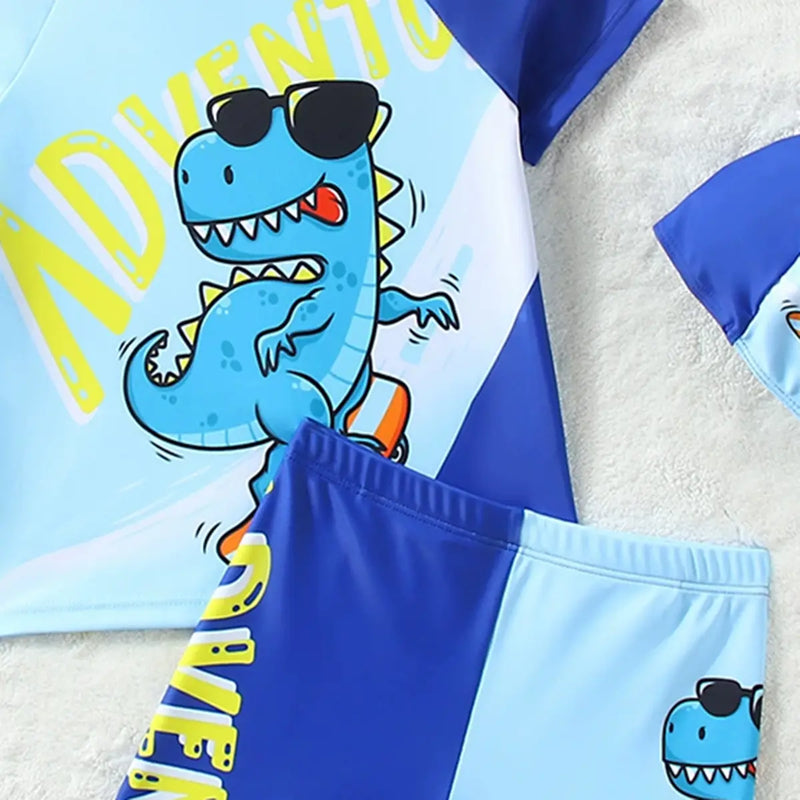Boys Sky Blue Dinosaur Printed Short Sleeves T-Shirt & Shorts With Cap Swimsuit Sets Sets