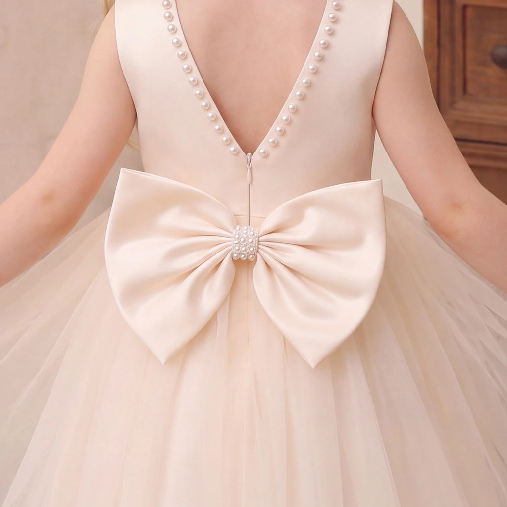 Girls Cream Beaded Neck Sleeveless Fit & Flare Party Dress Party Dresses