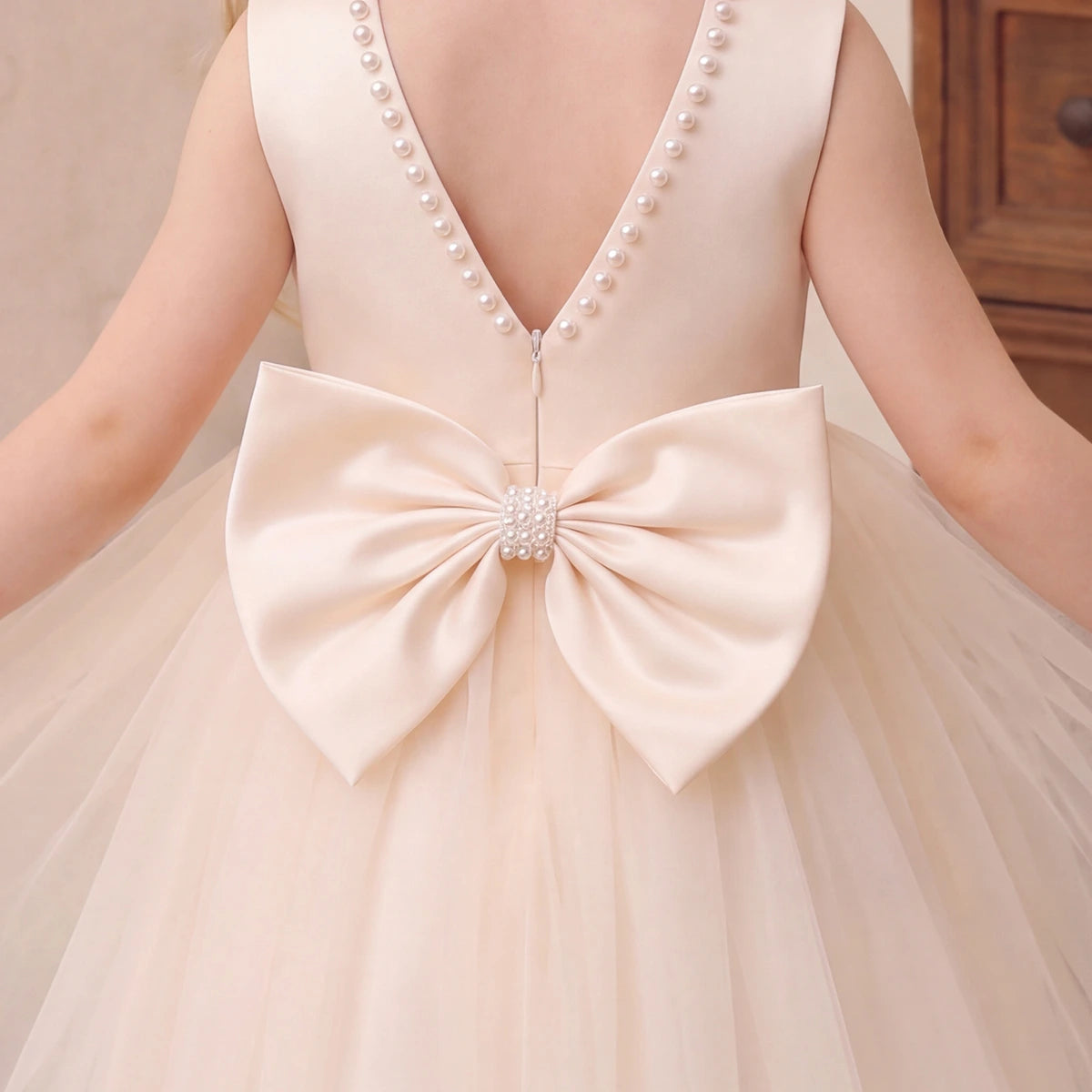 Girls Cream Beaded Neck Sleeveless Fit & Flare Party Dress Party Dresses