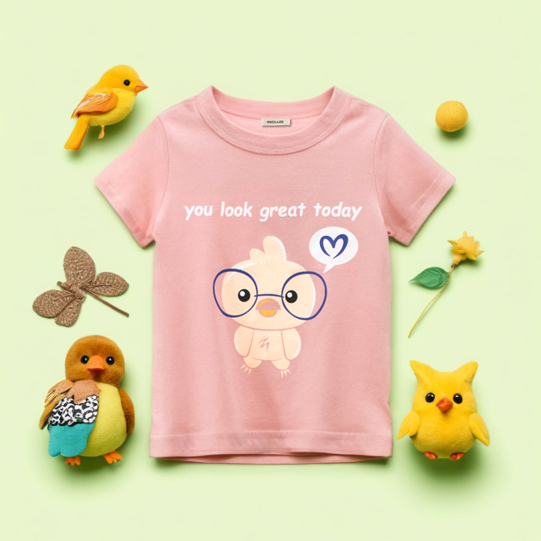 Girls Cartoon Print Short Sleeves T-shirt Tshirts Pink 1-2 Y 