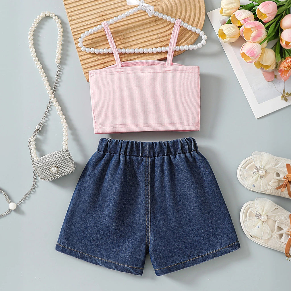 Girls Pink Ribbed Bow Top With Embroidered Denim Shorts Sets 2 pc. Sets