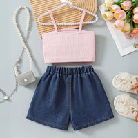 Girls Pink Ribbed Bow Top With Embroidered Denim Shorts Sets 2 pc. Sets