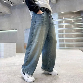 Boys Light Blue Scoop Pocket Denim Pants With Drawstring Pants