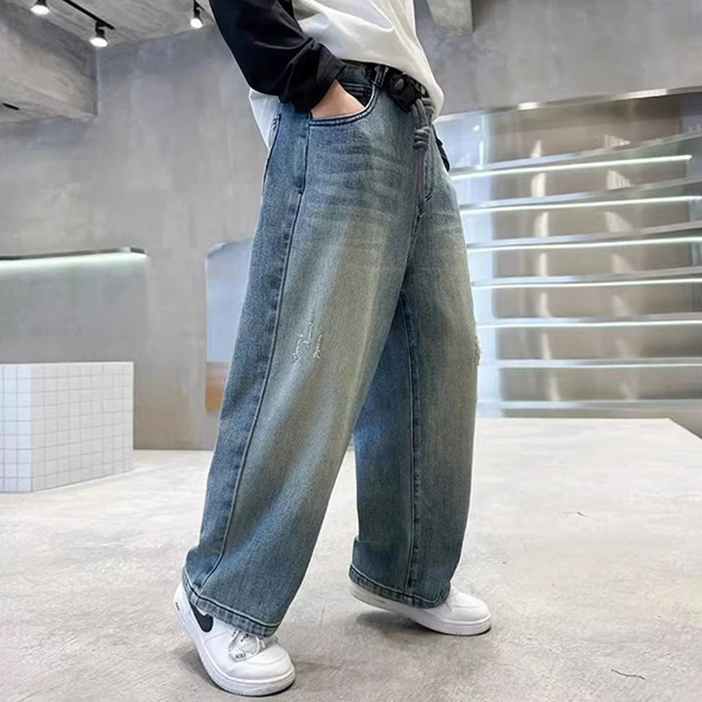 Boys Light Blue Scoop Pocket Denim Pants With Drawstring Pants