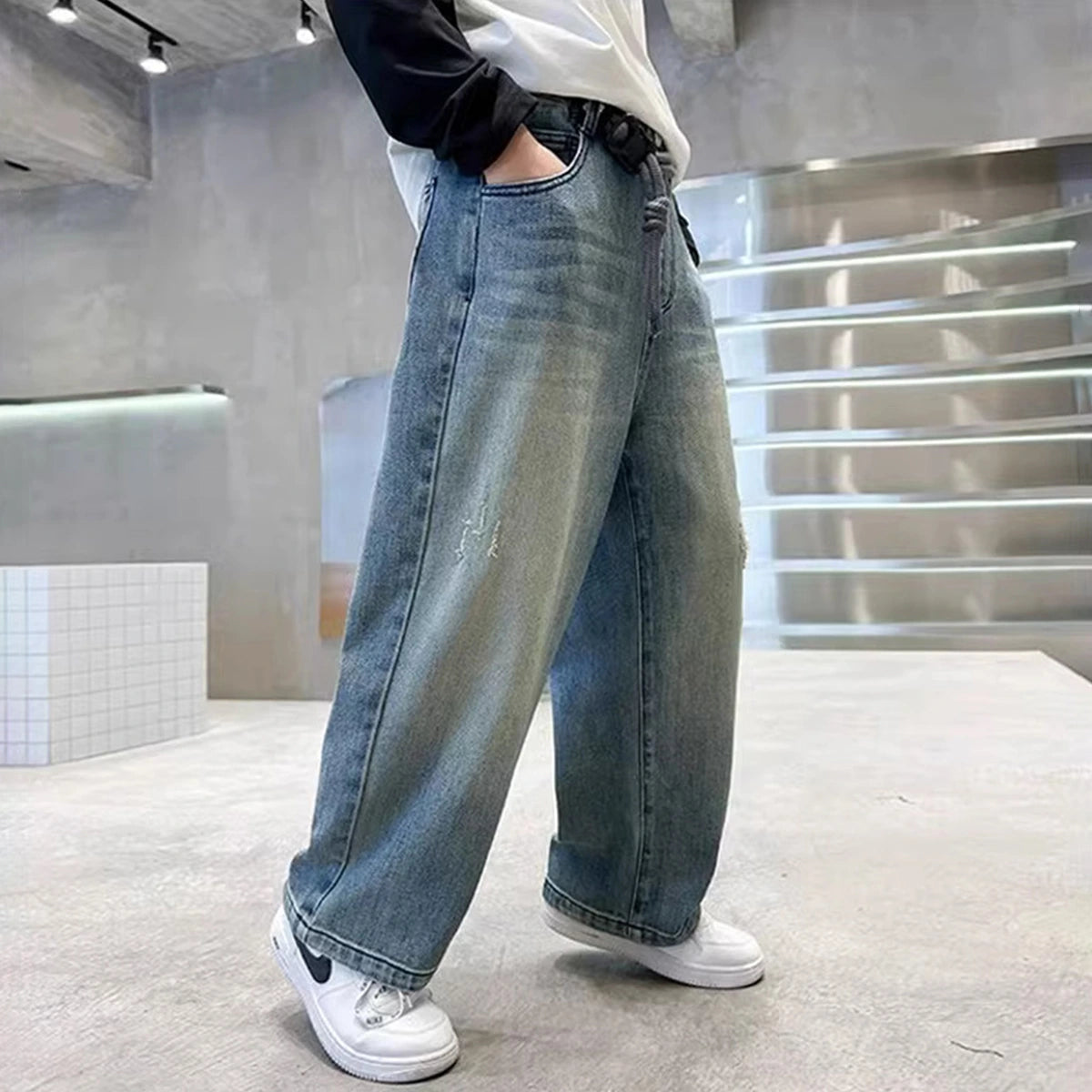 Boys Light Blue Scoop Pocket Denim Pants With Drawstring Pants
