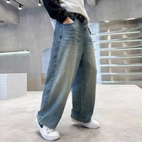 Boys Light Blue Scoop Pocket Denim Pants With Drawstring Pants