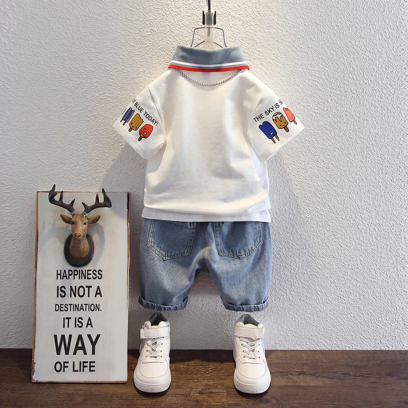 Boys White Short Sleeve Polo T-Shirt With Denim Shorts Sets 2 pc. Sets
