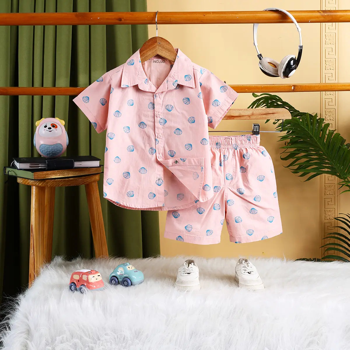 Boys Pink Seashell Printed Short Sleeve Shirt With Printed Elasticated Shorts Sets Sets Pink 6-9 M