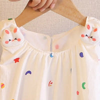 Girls Off White Printed Sleeveless Balloon Dress With Rabbit Appliqued Casual Dresses