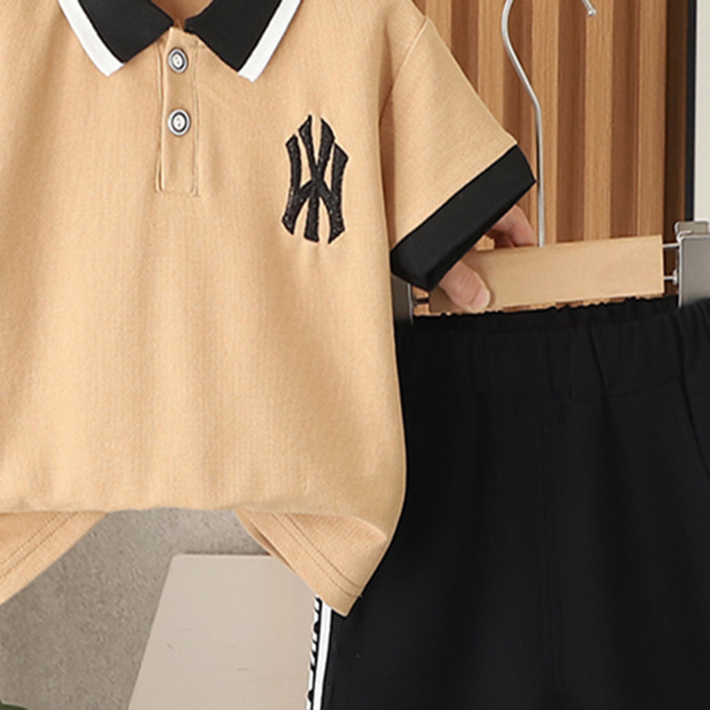 Boys Khaki Short Sleeve Polo T-Shirt With Collar Tipping And Shorts Set 2 pc. Sets