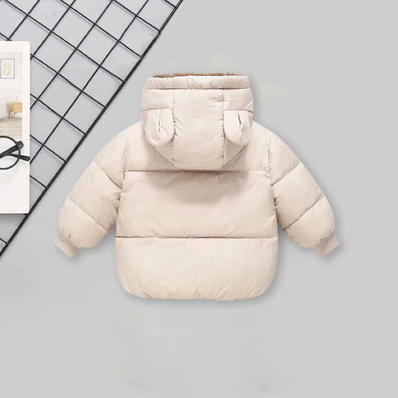 Girls Apricot Solid Front Zipper Hooded Winter Jacket Coats & Jackets