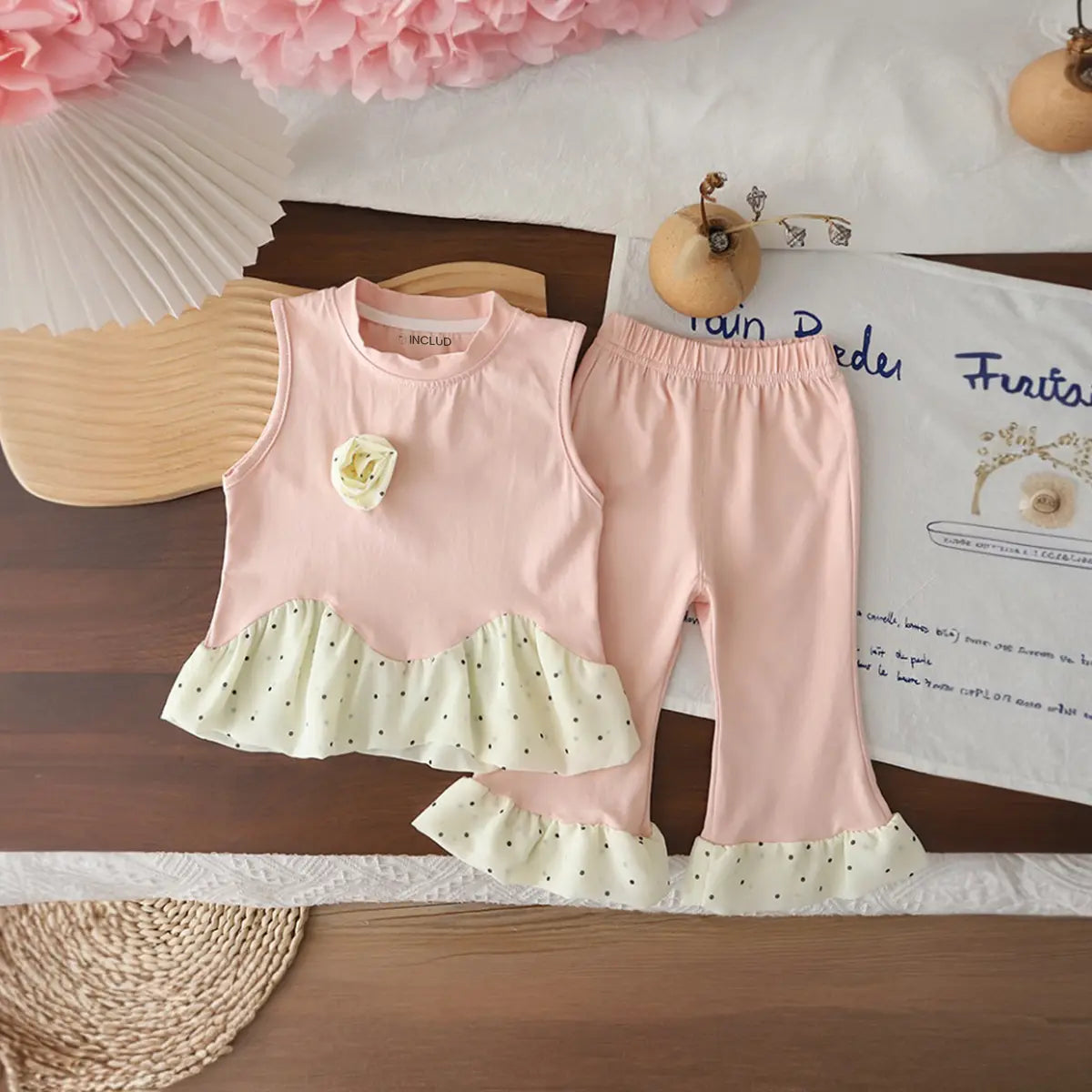 Girls Pink Floral Applique Ruffle Top With Pants Sets Sets Pink 1-2 Y