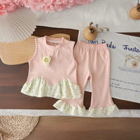 Girls Pink Floral Applique Ruffle Top With Pants Sets Sets Pink 1-2 Y