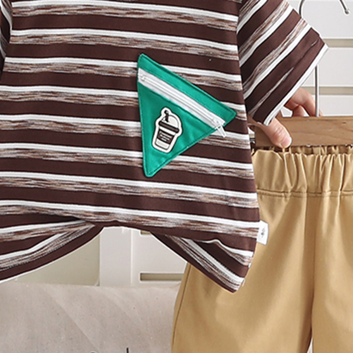 Boys Brown Striped Triangular Patch Pocket T-Shirt With Khaki Shorts Set 2 pc. Sets