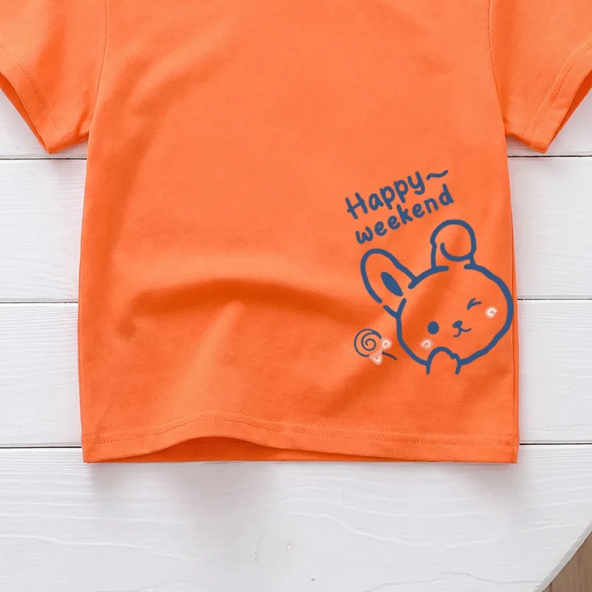 Girls Orange Short Sleeve Happy Weekend Typography Print T-Shirt Tshirts