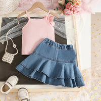 Girls Pink 3D Flower Applique Crop Top With Tiered Denim Skirts Set Sets
