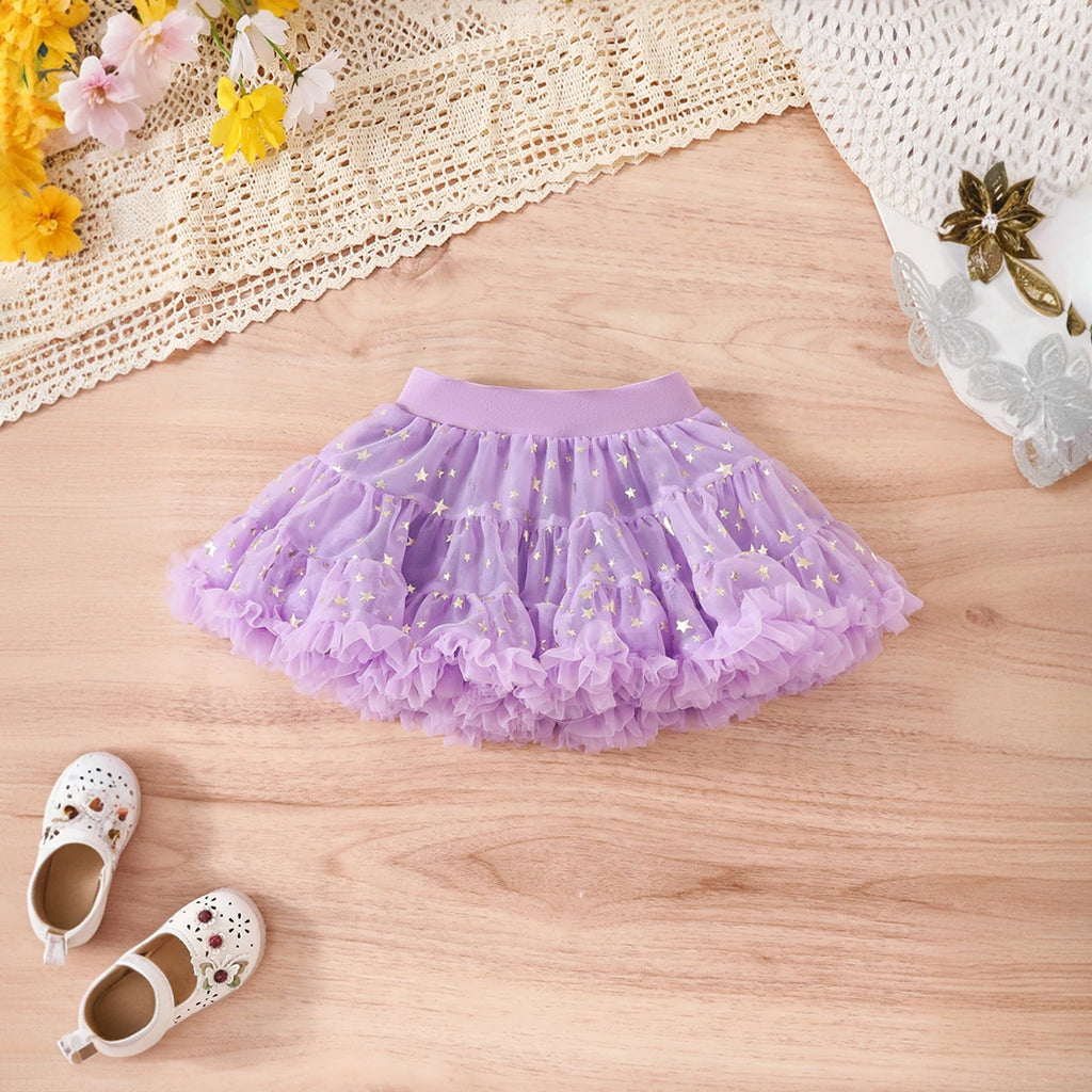 Girls Purple Big Flower Applique Crop Top With Star Printed Tiered Tulle Skirt Sets Sets