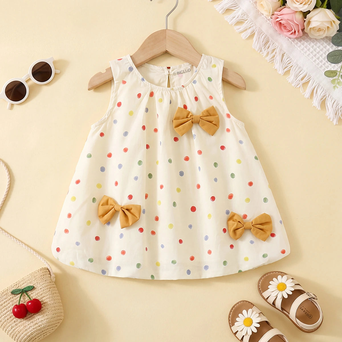Girls Yellow Polka Dot Print Bow Applique A-Line Dress Casual Dresses Yellow 1-2 Y