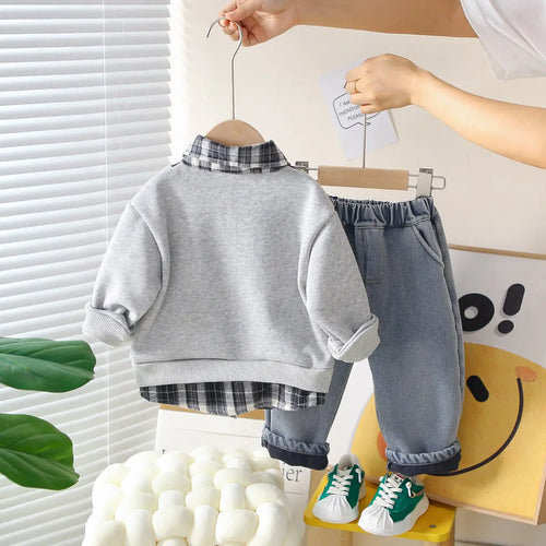 Boys Grey Checked Regular Sweatshirt With Denim Trouser Sets 2 pc. Sets