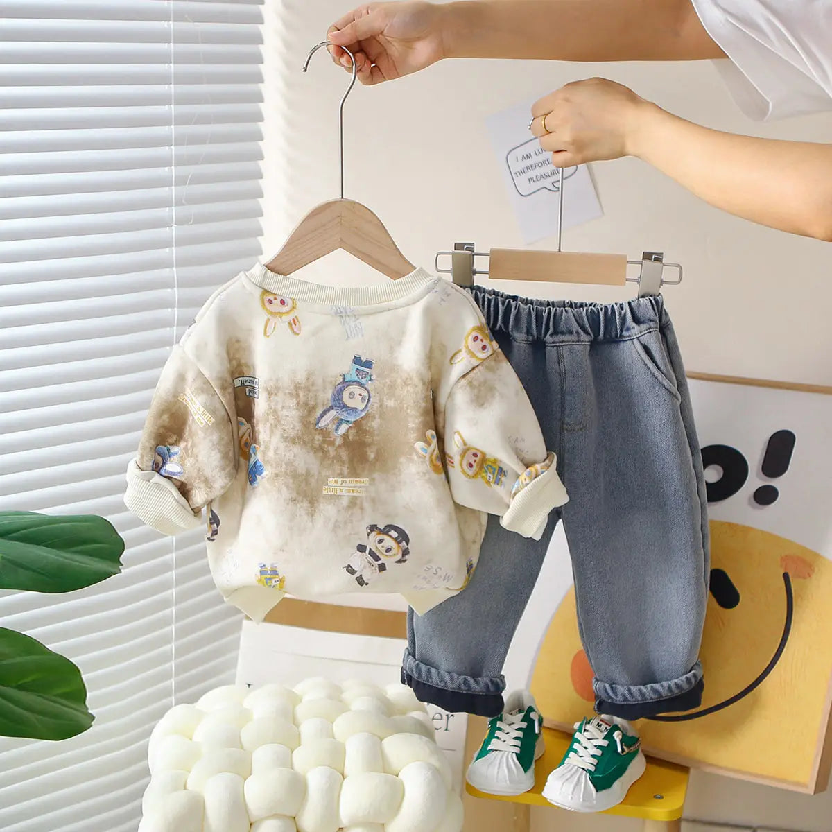 Boys Khaki Graphics Regular Sweatshirt With Denim Trouser Sets 3 pc. Sets